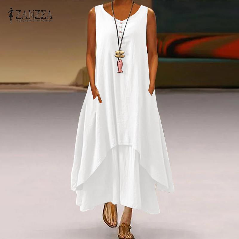 

ZANZEA Женщины O-образный вырез Без рукавов Танк Платье Лето Повседневный Двойной Слой Длинное Платье