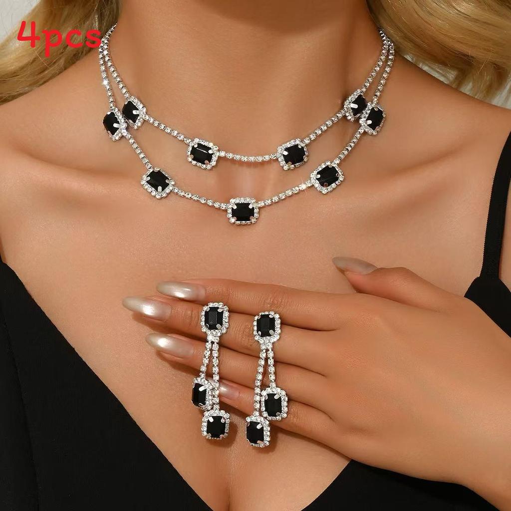 Geometric Double Layer Collar Necklace With Water Diamond Pendant For Women