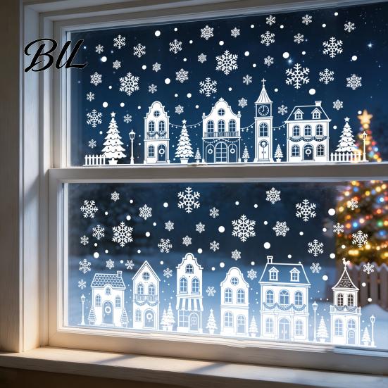 Christmas Window Decals 4Pcs Static Clings, White Town House Snowflake Glass Stickers, Glue Free Stickers Reusable Xmas Holiday Decor for Home