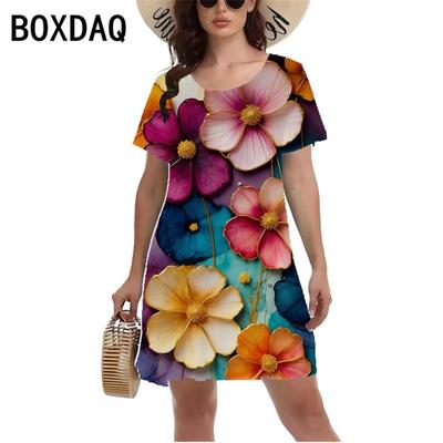 3D Retro Blumenprint Minikleid Damen Sommer Lässig Kurzärmelig Rundhalsausschnitt A-Linie Kleid