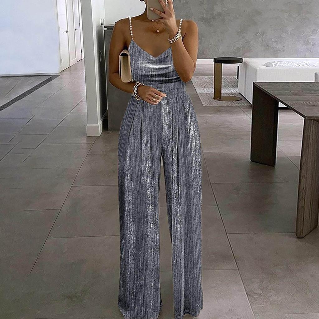 Women's FashionAble And Casual Loose  Color Wide Leg Pants Waist Cinching Elegant Suspender Bead Jumpsuit