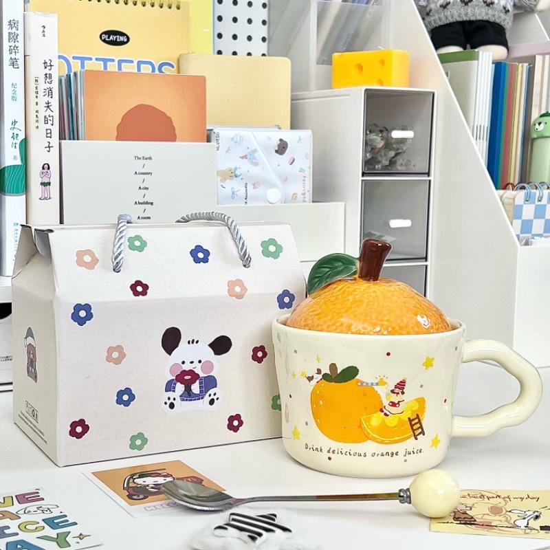 New Year's Gift Cute Orange Water Cup Boys and Girls Souvenir Gift Box High Value Ceramic Mug with Lid Spoon
