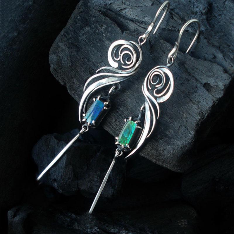 Blue-Green Square Zircon Geometric Metal Earrings - Handmade and Hollow Design