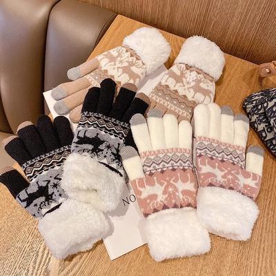 Gloves for Women In Winter Cute Deer Five Fingers Plus Plush Bike Versatile Student Warmth Thickened Touch Screen