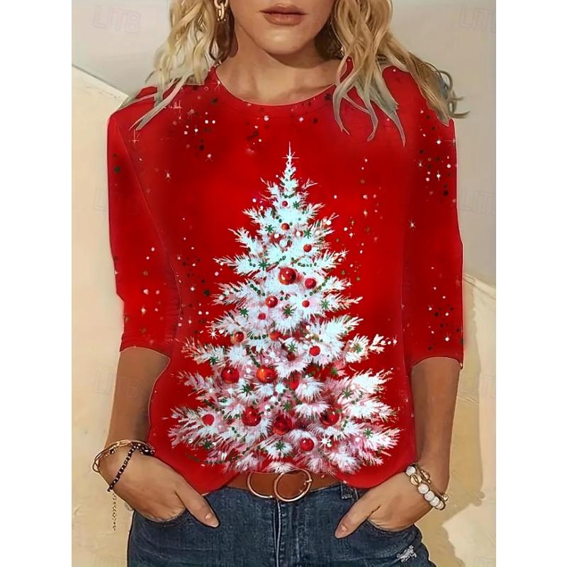 

Women s Christmas Tree T-Shirt Round Neck Red Festive Holiday Casual Comfort Fit Partywear Seasonal Top Sizes Available Prefall S