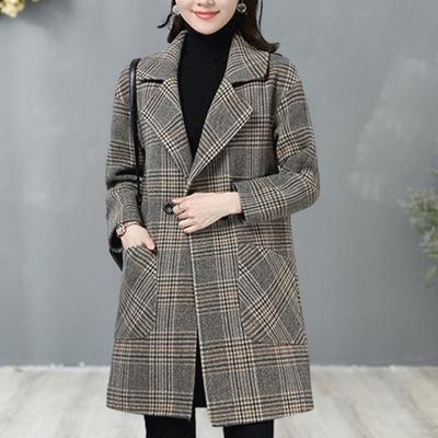 Winter Women Overcoat Turn-down Collar Long Sleeve Plaid Print Color Matching Thickened Windproof Mid Length Loose OL Commute Style Lady Long Jacket