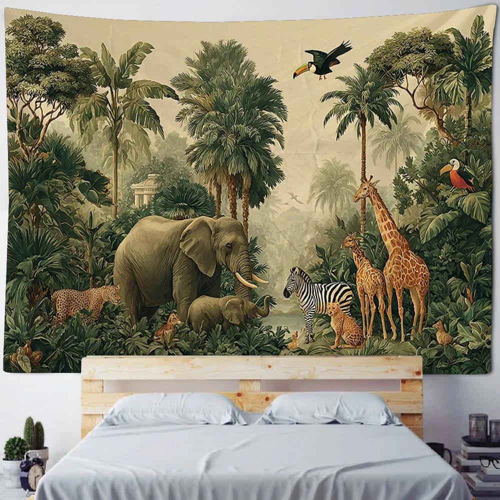 Tropical Rainforest Bohemian Tapestry Wall Hanging Polyester Fabric with Plant & Forest Animal Print for Bedroom Home Decor