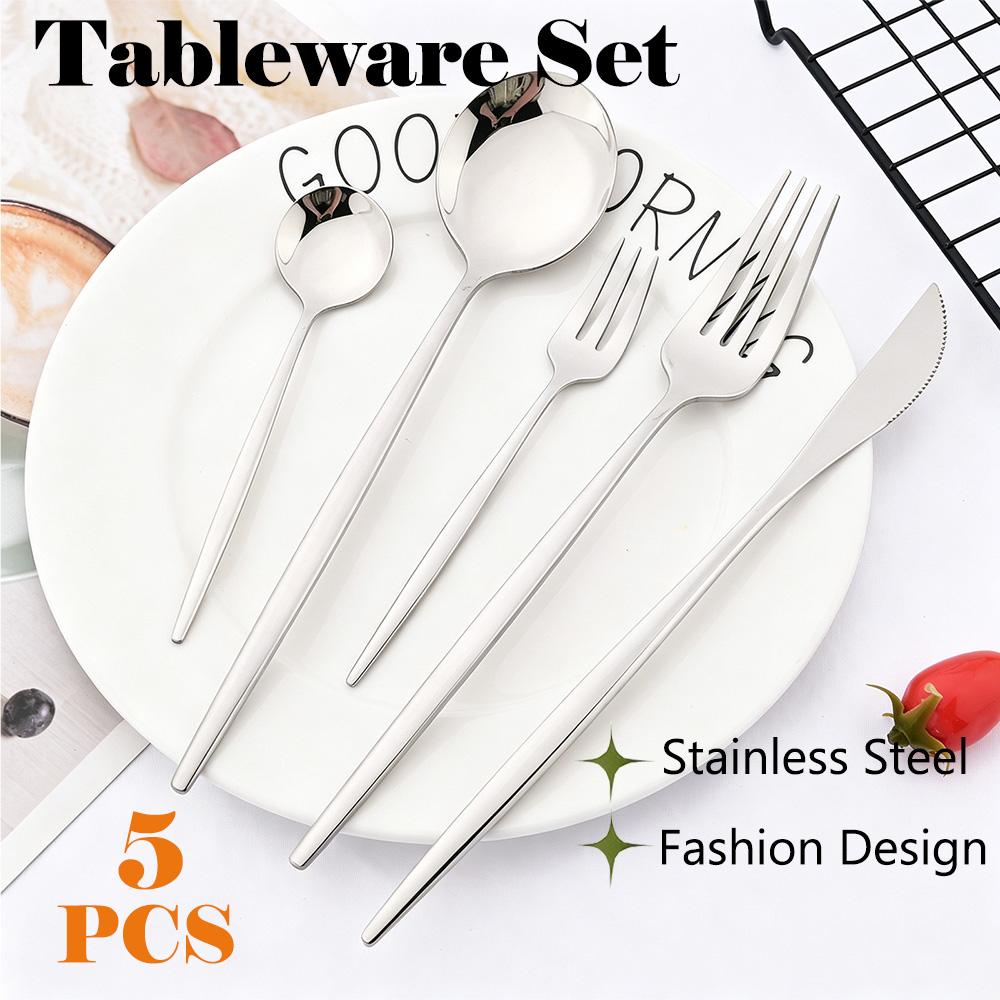 

5Pcs Stainless Steel Dinner Black Gold Dinnerware Set Knife Fruit Fork Tea Spoon Cutlery Set Kitchen Tableware Silverware Set серебряный