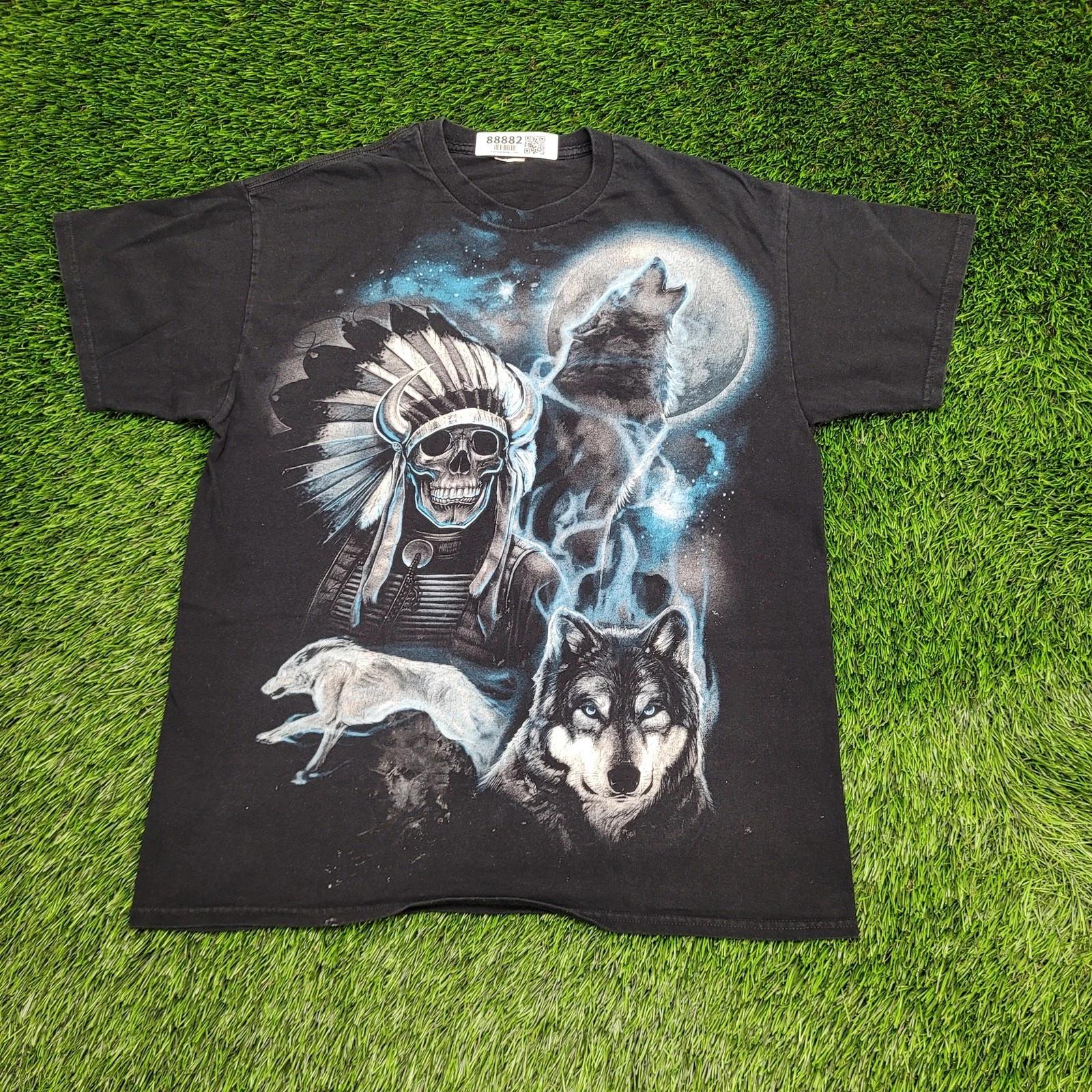 Y2K Wolf Skull Graphic Tee with Headdress & Full Moon T-Shirt Mens Large 2XL