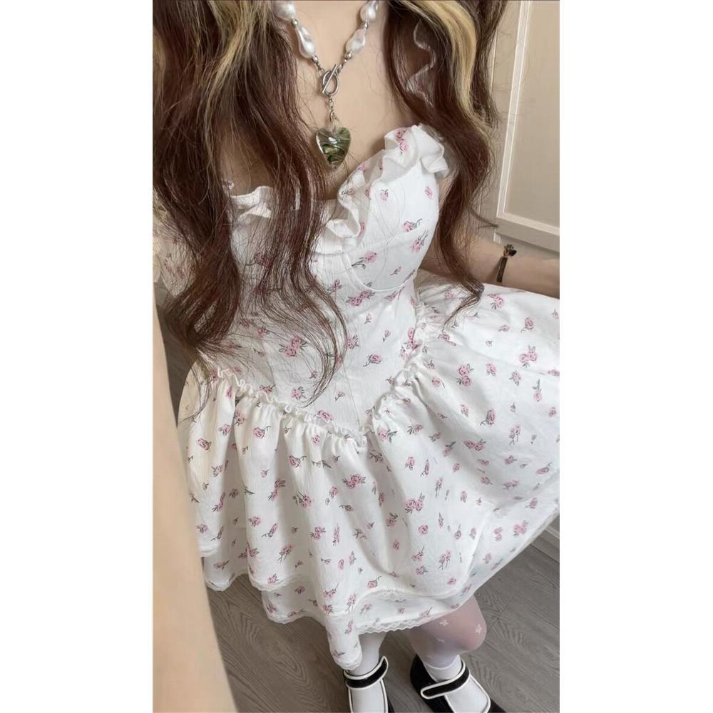 Small Woman Summer Waist Thin Puffy Short Skirt Lace Lace Splicing Floral Suspender Dress