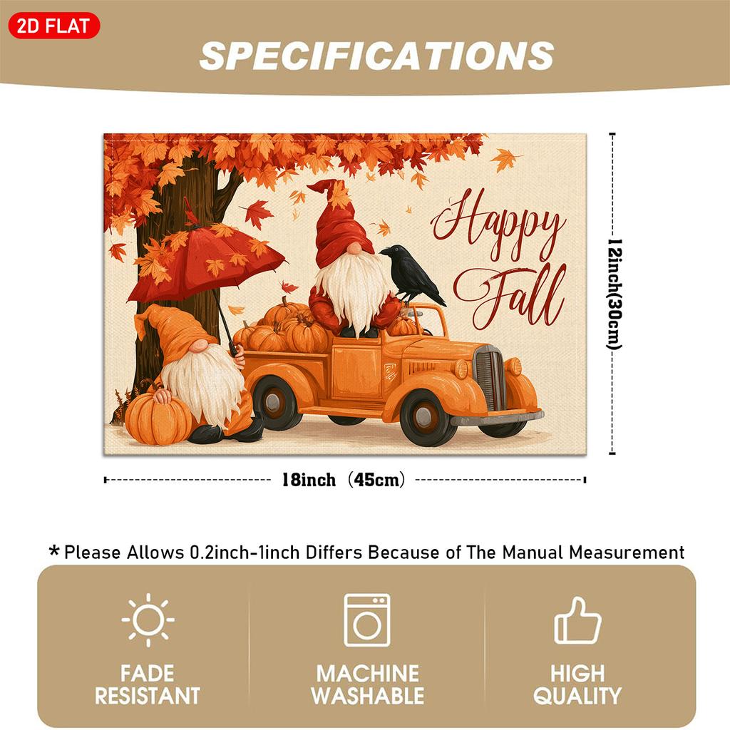 4/6pcs Set, Autumn-themed Placemats Featuring Maple Leaves, Pumpkins, Gnomes, Trucks, and Crows, with "Happy Fall" Text Design. Suitable for Indoor/ou