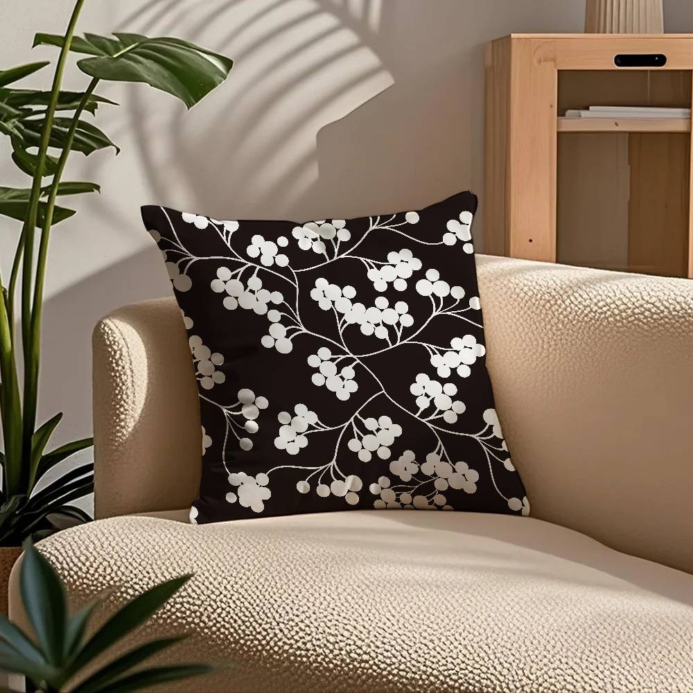 Svartvit Växtmönster Blad Kuddfodral Komfort Soffa Säng Silkeslen Elegant Dold Dragkedja Anpassad Dekorativ Kuddeöverdrag