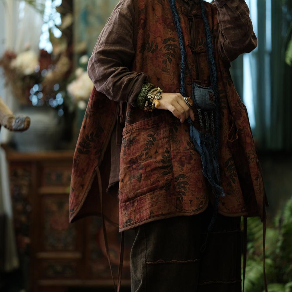 Johnature Women Vintage Print Floral Vests Coats Button Sleeveless V-Neck Autumn Chinese Style Pockets Vests