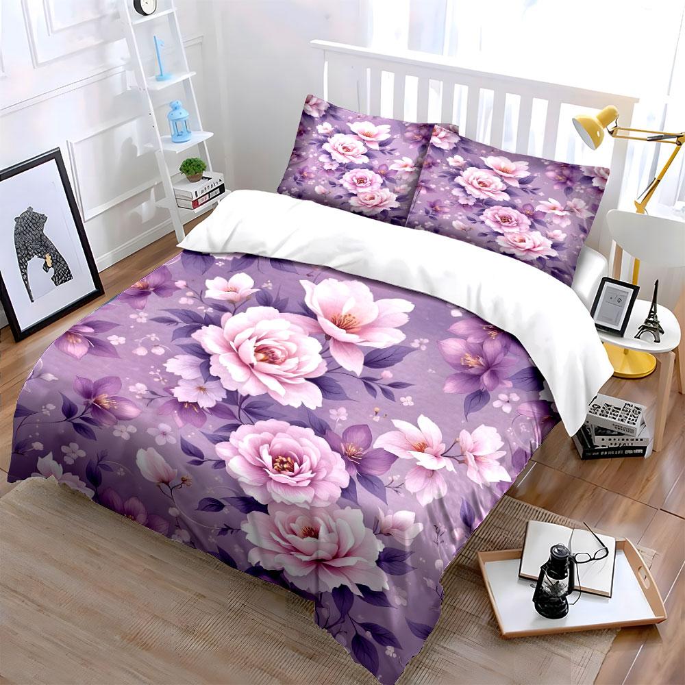 Purple Floral Peony Pattern Bedding Duvet Cover Set (1*Duvet Cover 2*Pillowcases, Without Duvet Insert)