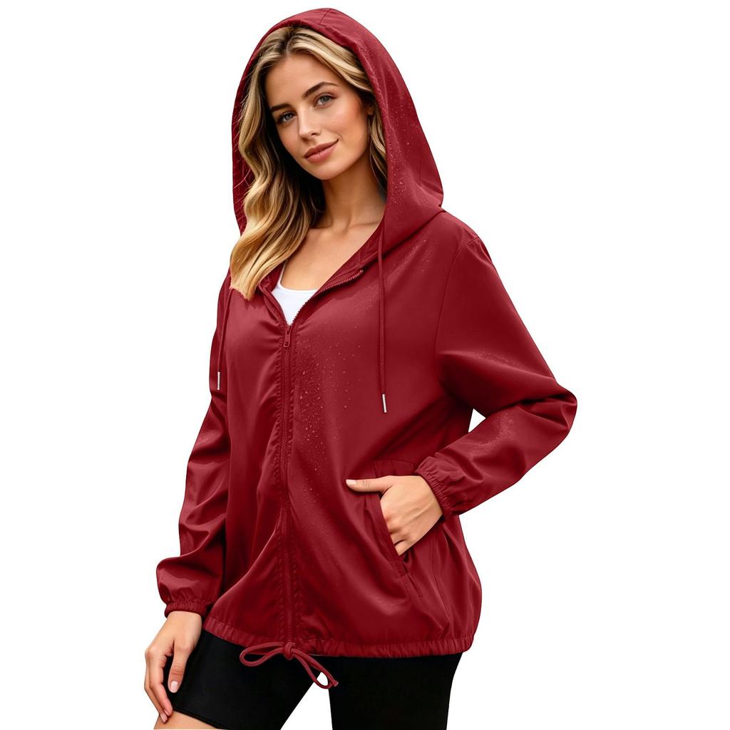Womens Waterproof Windproof Hooded Jacket Lightweight Zip Up Outdoor Raincoat with Adjustable Drawstring Hem and Elastic Cuffs