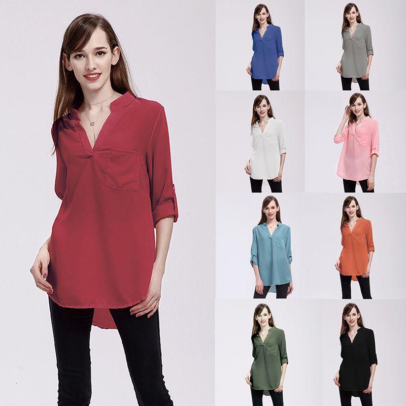 Chiffon Women Blouses Vneck Shirts Long Sleeve Loose Office Casual Spring Lady