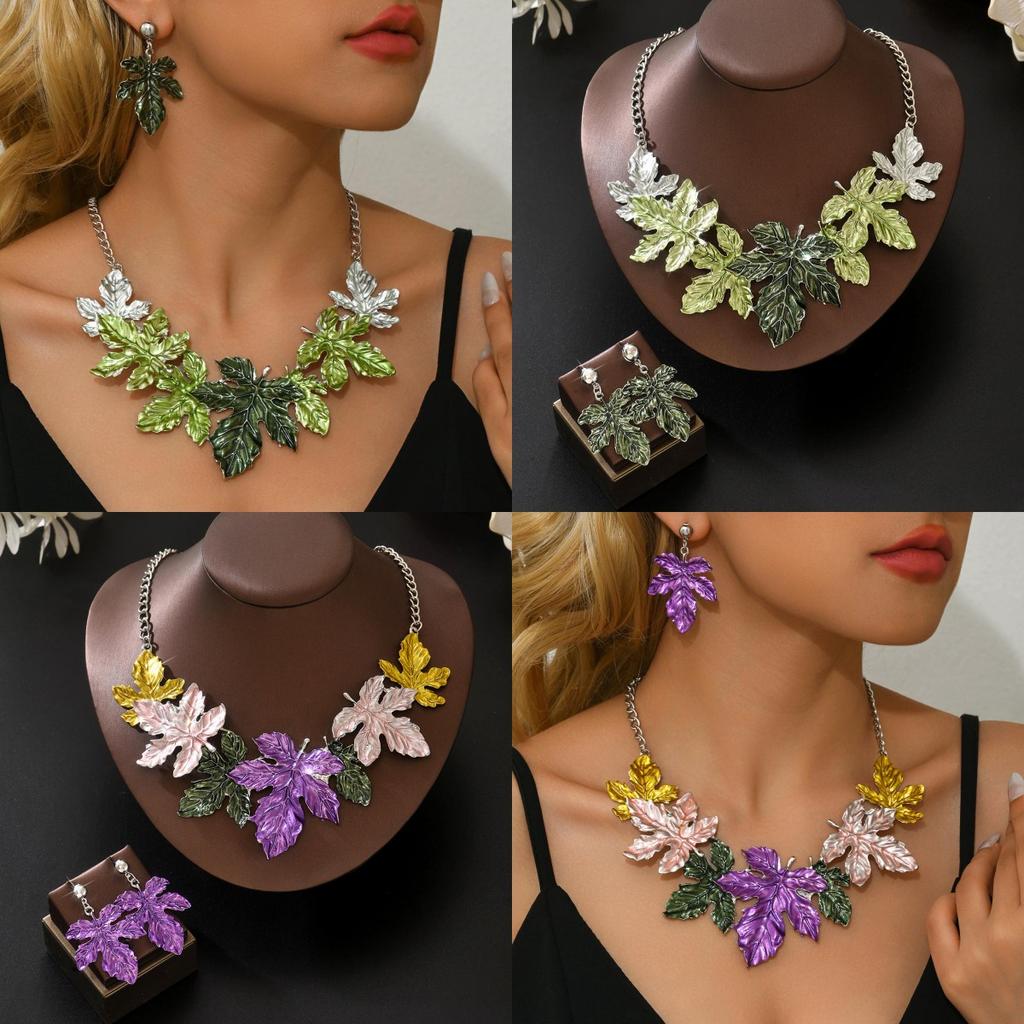 Personalized Maple Leaf Necklace Earring Set Specially Designed for Vacation Honeymoon Travel Style Jewelry Matching