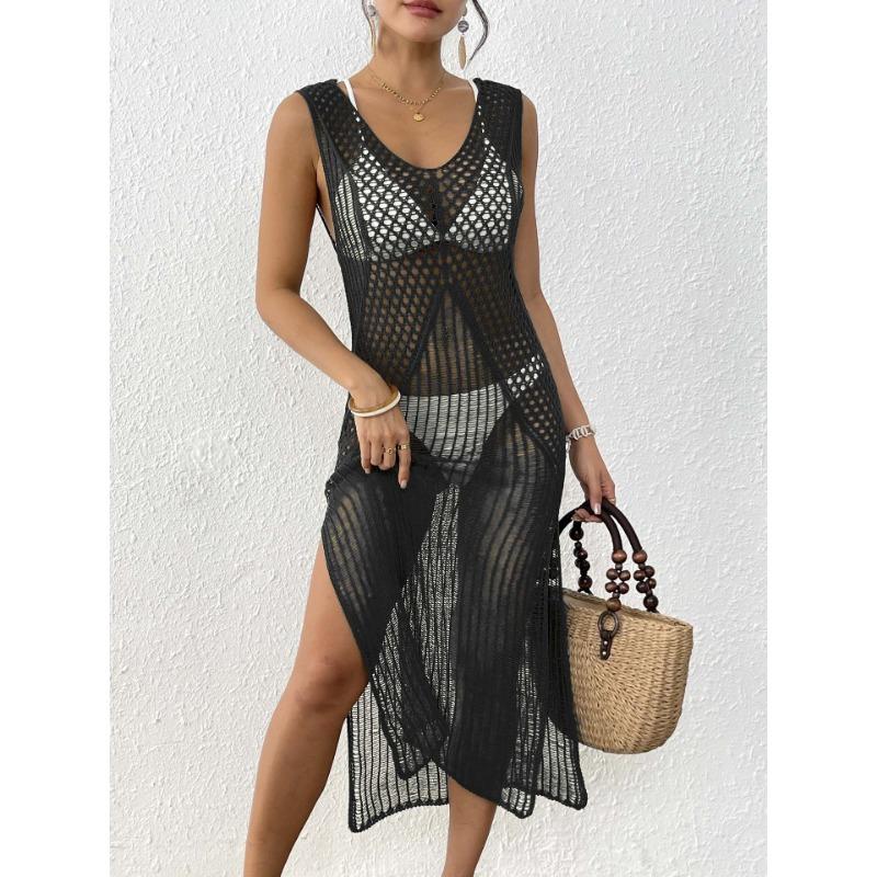Women's Holiday Beach Hollowed Out Woven Sundress Long Sexy Slit Dress