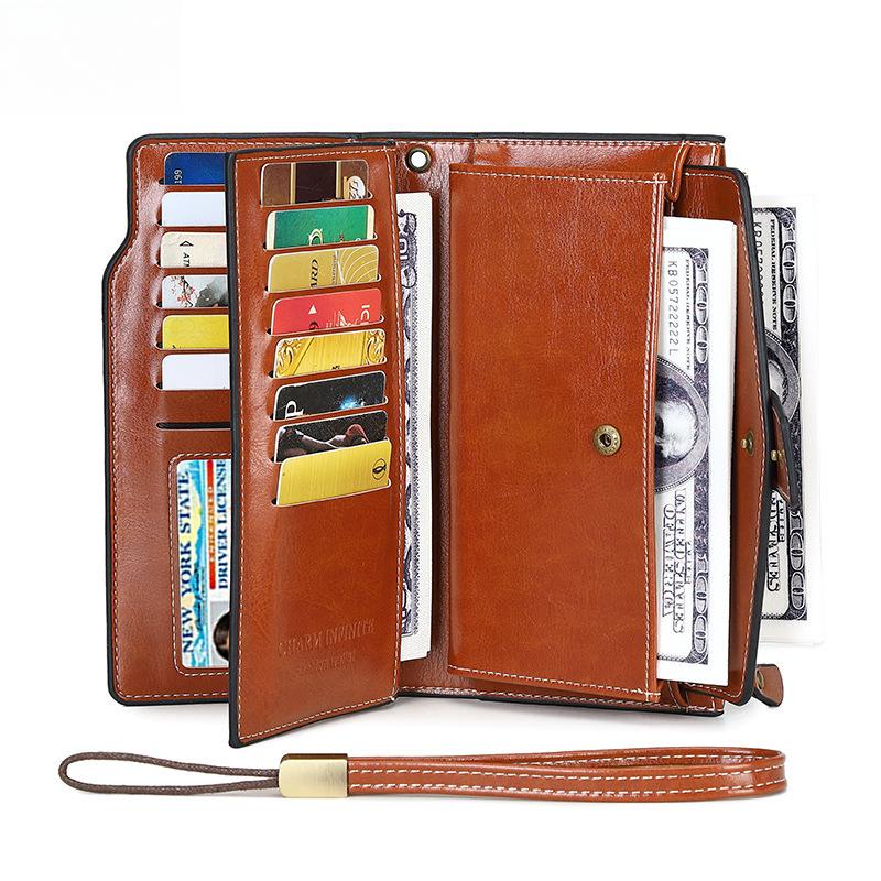 Women Wallets RFID Blocking Waxed Leather Minimalist Long Wallet - Clutch Purse Coin Pouch Card Holder