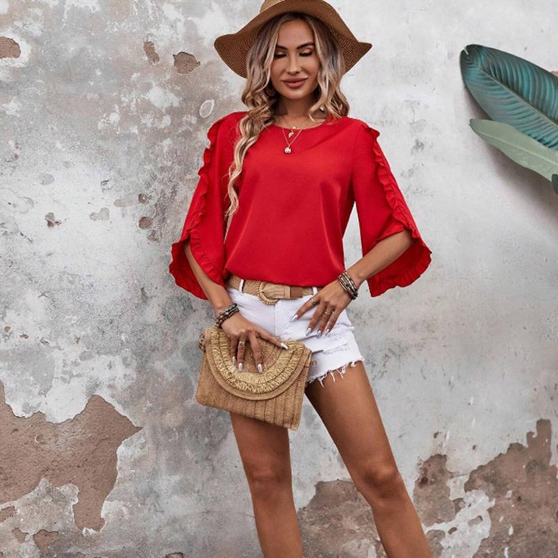 Ladies Summer Ruffles Half Sleeve Solid Color Pullover T Shirt Top