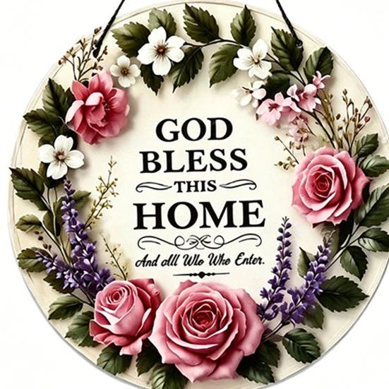 Gott Segne Dieses Haus Holzschild für Tür, Runde Florale Wanddekoration, Christliches Glaubens-Segensschild, Warme Willkommens-Veranda-Hängedekoration, Bedeutungsvolle Einweihungsfeier
