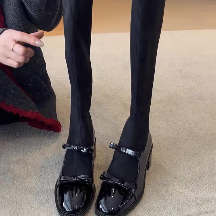 Sheepskin version elastic socks boots retro thin boots women's bow retro style thin high boots but knee boots