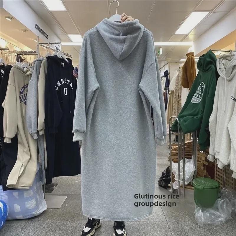 Korean-Style Winter Oversized Velvet Hooded Printed Knee-Length Dress for Women