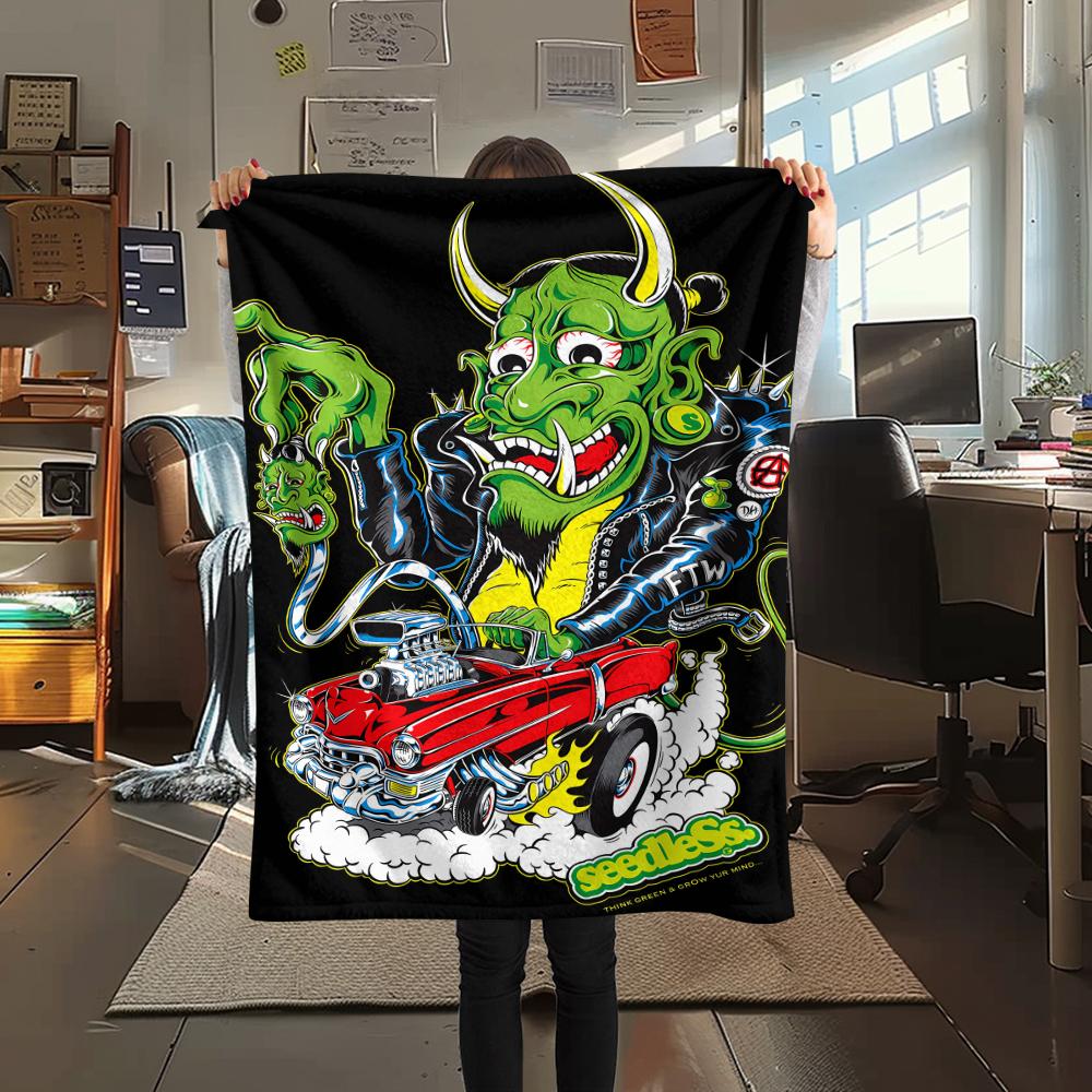 1Pc Rat Fink Print Flannel Blanket, High Quality Comfortable for All Seasons, Home Decor, Warmth and Comfort, Perfect for Christmas Gifts