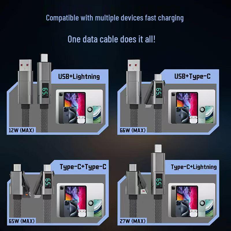 120W Fast Charging 4-in-1 Data Cable for Apple 15/16 & Huawei Dual Type-C, 6A