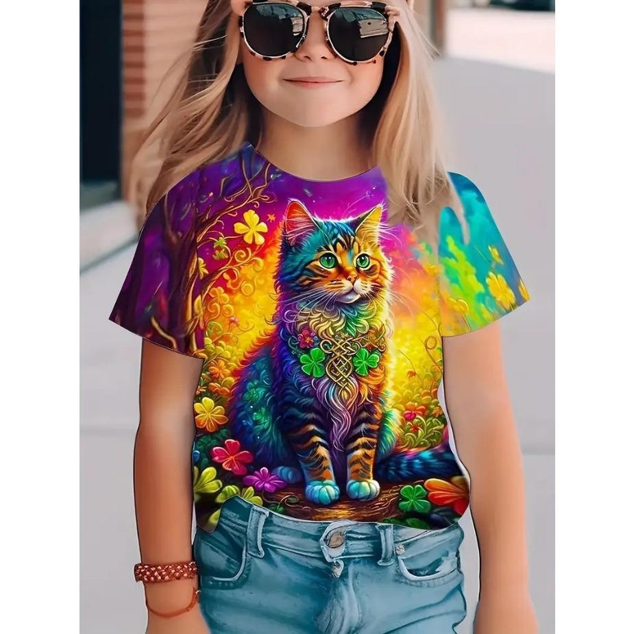 Kids T Shirts 2025 Summer New Girl's Stylish Cute Animal Play, Printed Pattern Round Neck Short Sleeve Tops