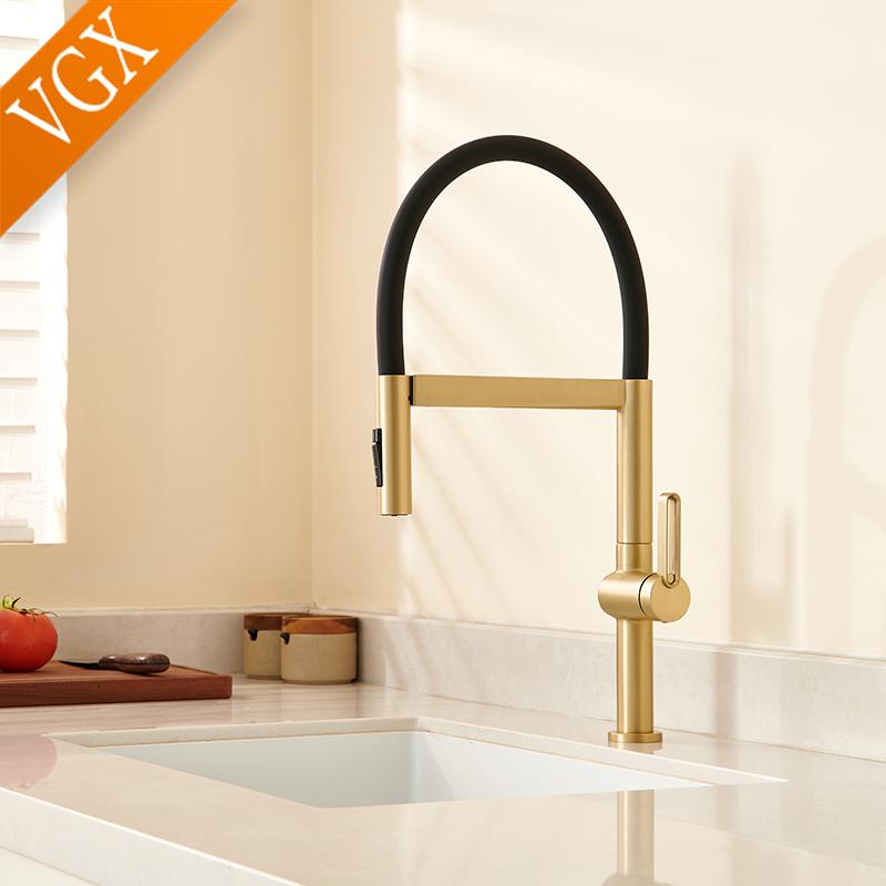 VGX Kitchen Faucet Sink Faucets Rubber Pull Down Stream Sprayer Taps Rotatable Kitchen Mixer Water Tap Hot Cold Crane Brass Gold