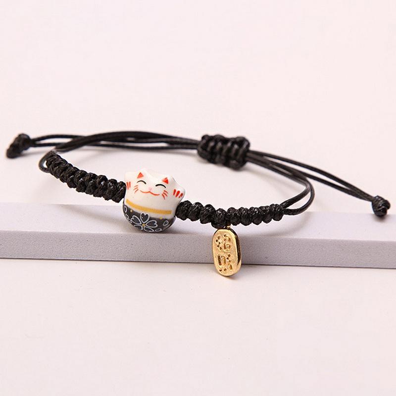 Hand Woven Wax Thread Ceramic Wealth Attracting Cat Bracelet, Cute Cat Adjustable Hand Rope Bracelet