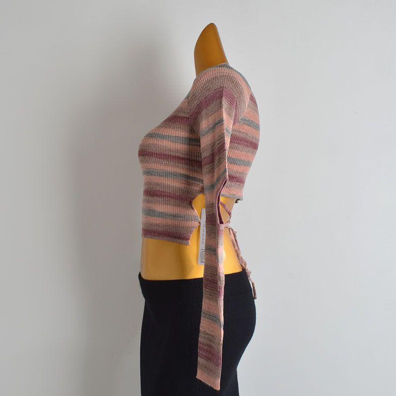 Color Stripe Round Neck Pullover Knit Women Clothes Spring and Autumn Gyaru Slim Fit Short Waist Lace-up Bottoming Shirt Top