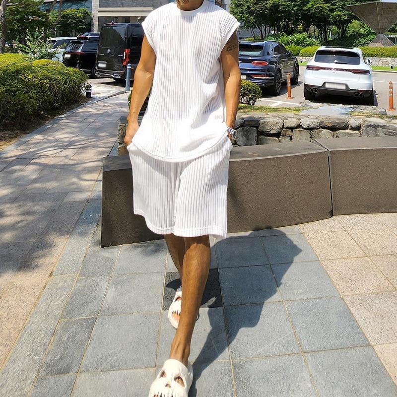 Mens Casual Ribbed Sleeveless T Shirt And Shorts Two Piece Set M белый