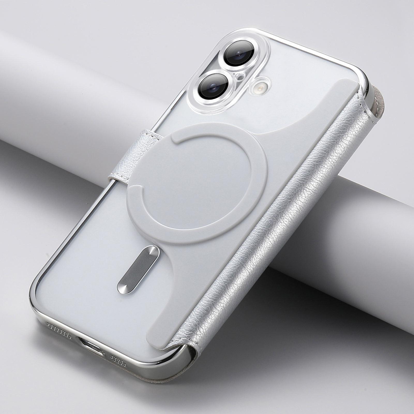 

Подходит для iPhone16. Чехол для мобильного телефона, магнитная крышка, кронштейн, вставка для карт с пленкой для объектива, защитный чехол для Apple 15 Pro. iPhone 12 серебряный