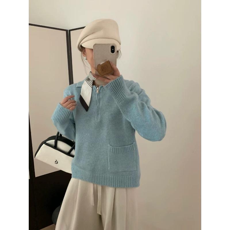 

Lapel half zipper knitted sweater top women s autumn and winter new solid color versatile soft waxy lazy wind pullover sweater average size світло-синій колір