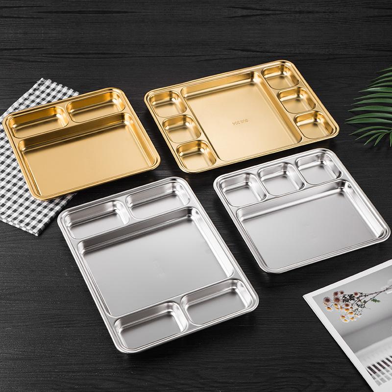 Gold Compartment Dining Plate For Food Serving Trays Stainless Steel Divided Dishes Kitchen Tableware Organization Container