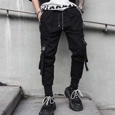 Hip Hop Joggers Men Black Multi-pocket Ribbons Man Sweatpants Streetwear Casual Mens Pants