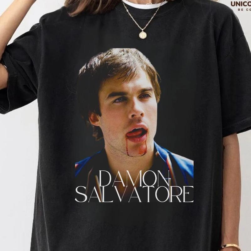 Damon Salvatore Tshirt Vampire Diaries Tshirt Summer New Collection Unisex Casual Fashion Cotton Tshirt S