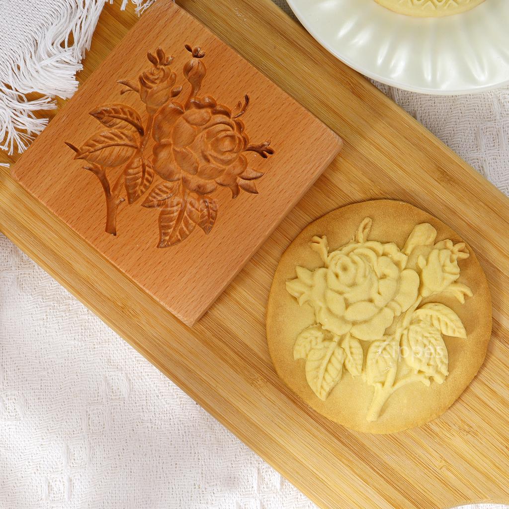 1PC Wooden Cookie Molds with Rose Flower Patterns, 3D DIY Carved Embossed Cookie Cutter Moulds for Baking, Fondant Cake Biscuit