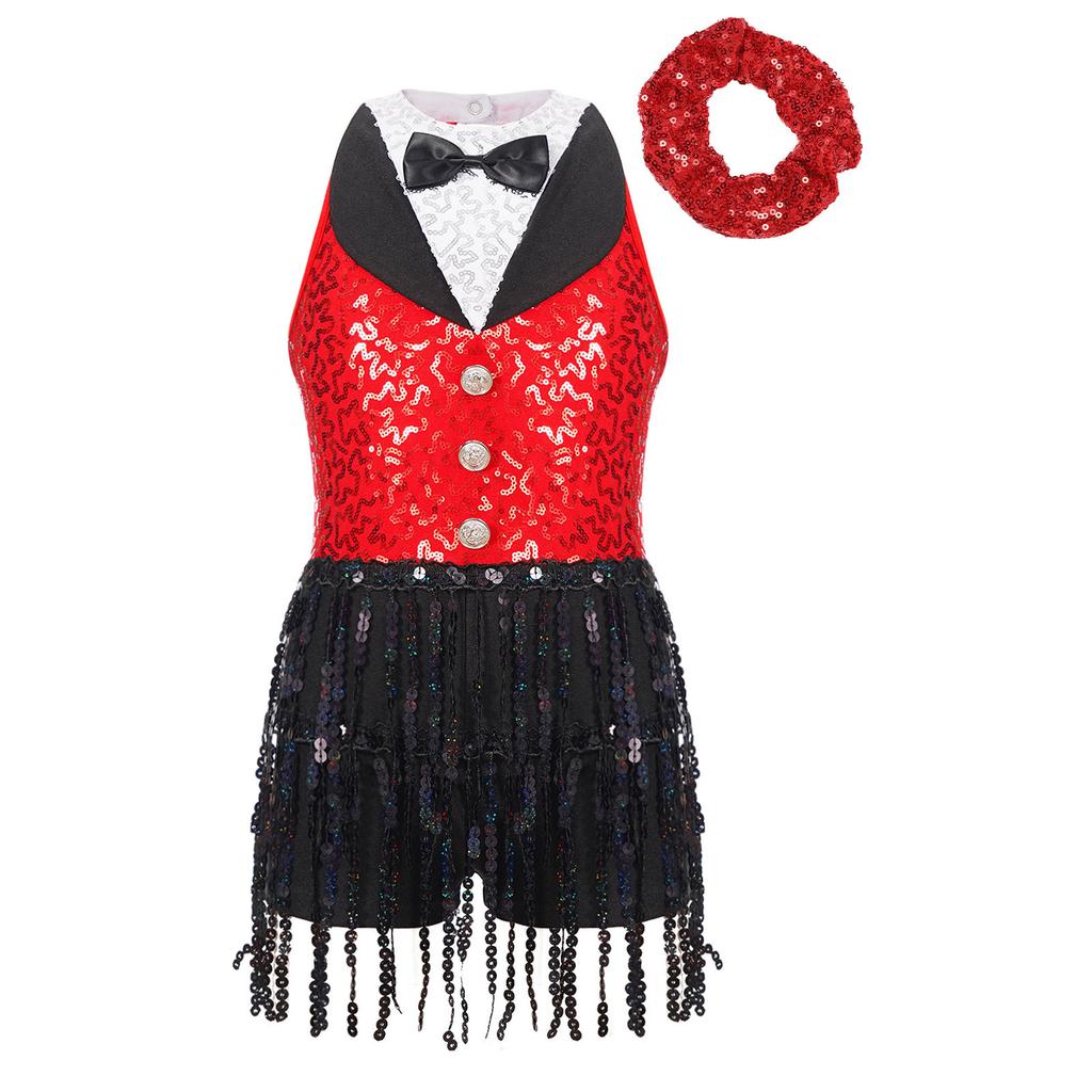 Meisjes Glanzende Pailletten Leotard Jurk Keyhole Achterkant Kwastjes Mouwloos Latijnse Jazz Hoofddeksel Set