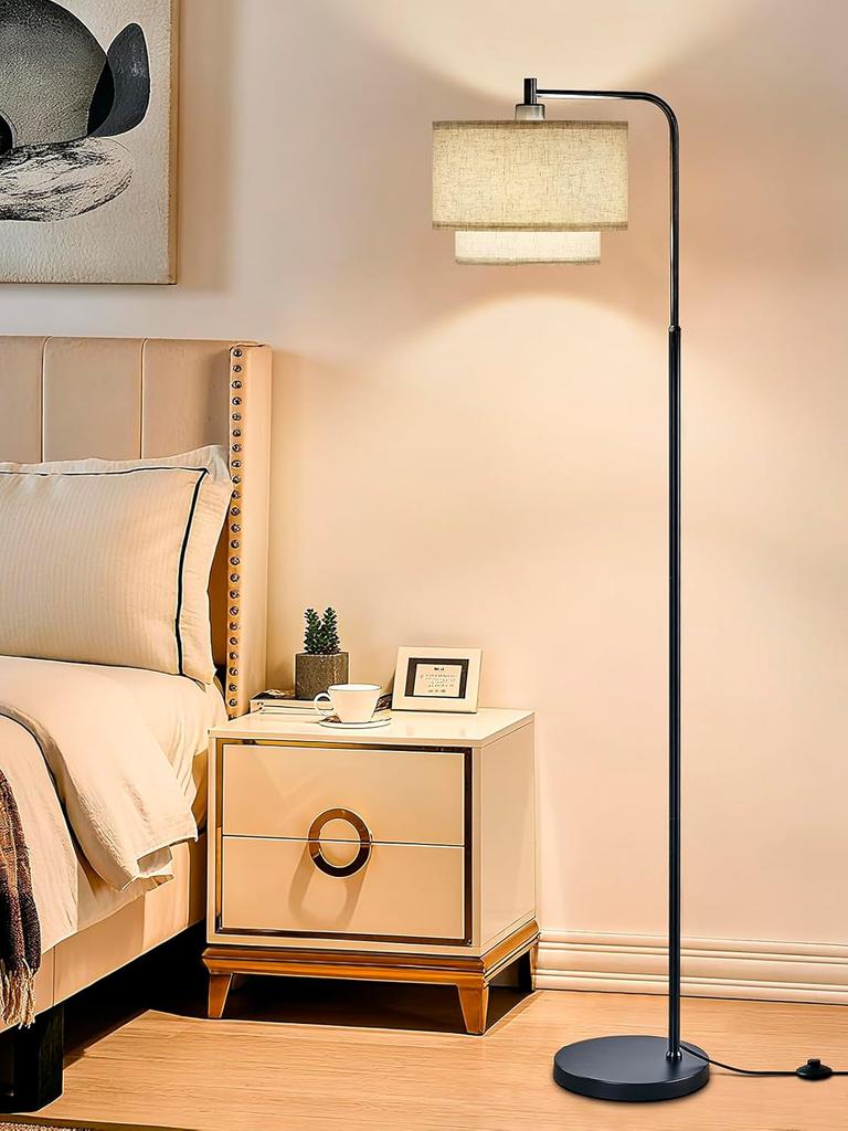 64' Modern Floor Lamp, 3-Temperature Arc Standing Lamp with Oatmeal Linen Shade & Foot Switch, Black