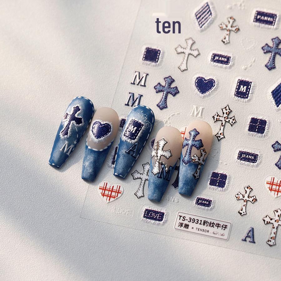 Cartoon Leopard Print Denim Nail Stickers - TENSOR TS-3931 Self-Adhesive, Thin, Tough, Cool Embossed Nail Art Decorations.
