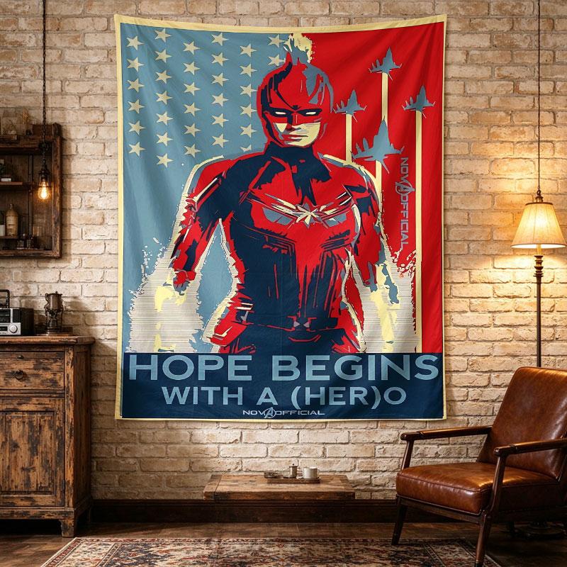 Captain Marvel hero, propaganda style with Brie Larson in a red-blue suit over star-striped field, HOPE BEGINS WITH A HERO text, wall tapestry