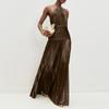 Women's Colorpleated Split Tie Neck Dress Sleeveless Backless