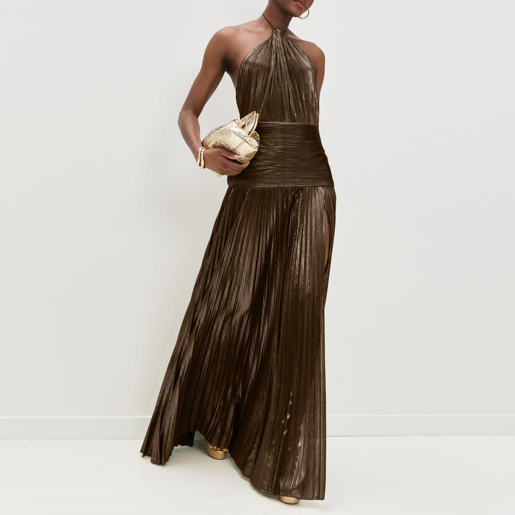 Women's Colorpleated Split Tie Neck Dress Sleeveless Backless