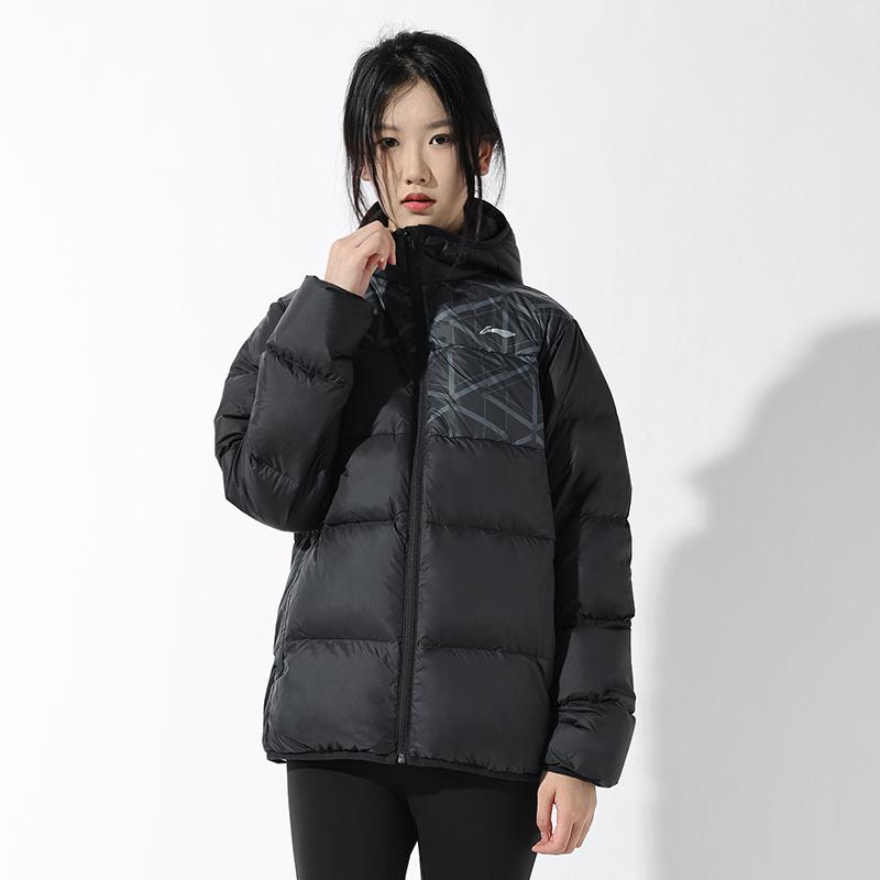 Li Ning Stolní tenisová série Teplá Větruodolná Barevný blok Tištěné logo Bunda s kapucí Krátká péřová bunda Unisex Bunda Černá AYMT023-2