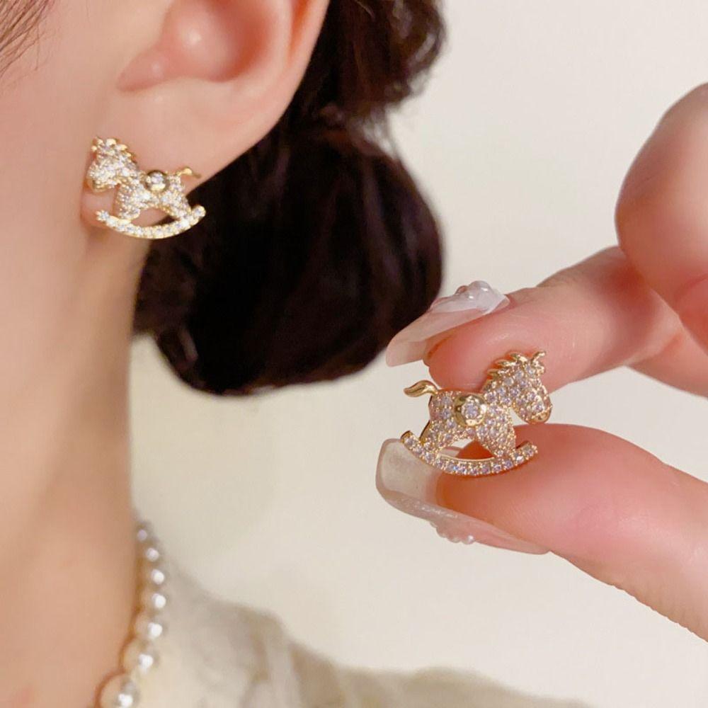 Chinese Style Crystal Zodiac Pony Earrings Cartoon New Year Ear Studs  New Year Gift