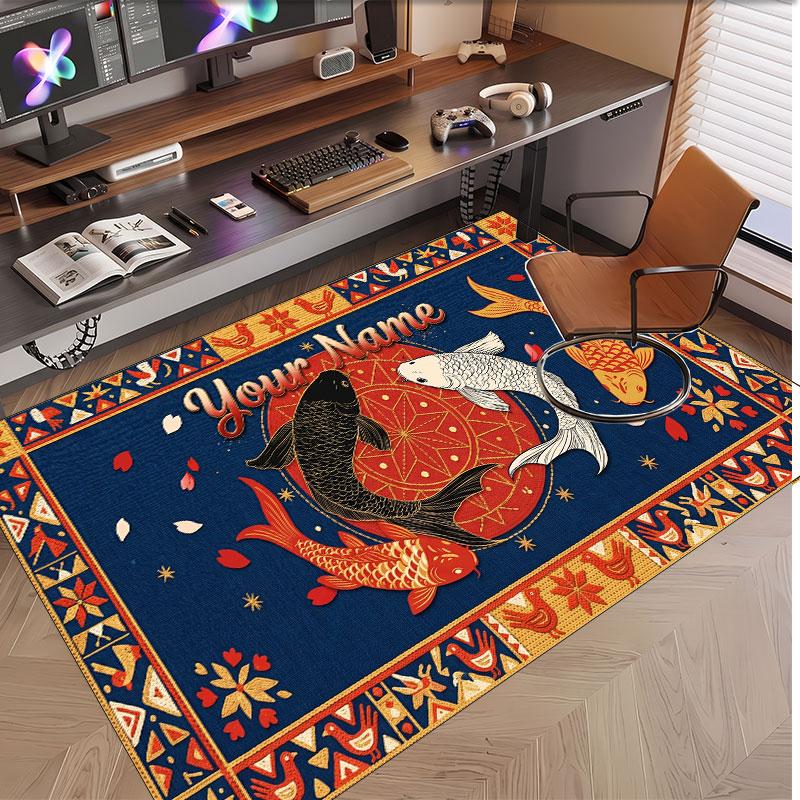 Koi Fish Theme Soft Crystal Velvet Rug Custom Name & Text Print Non Slip Floor Rug for Bedroom Living Room