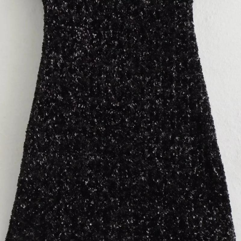 Slim Shoulder Pads Sequin Mini Dress For Woman Elegant Round Neck Sleeveless Female Black Dresses Winter Holiday Party Prom Gown